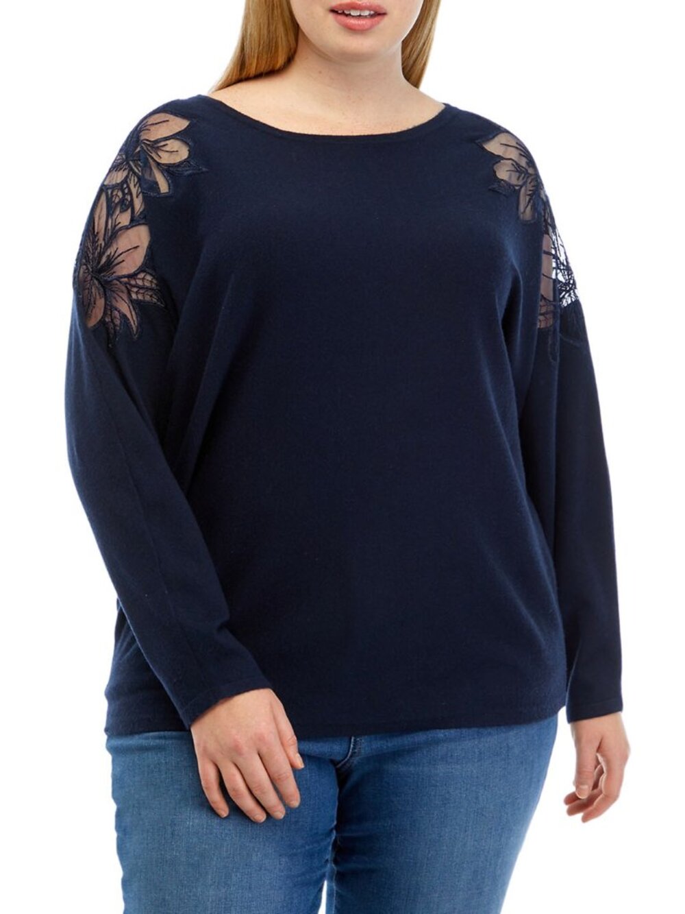 NWT Tahari 1X Navy Blue Dolman Sweater Floral Lace Illusion Shoulder Cutout